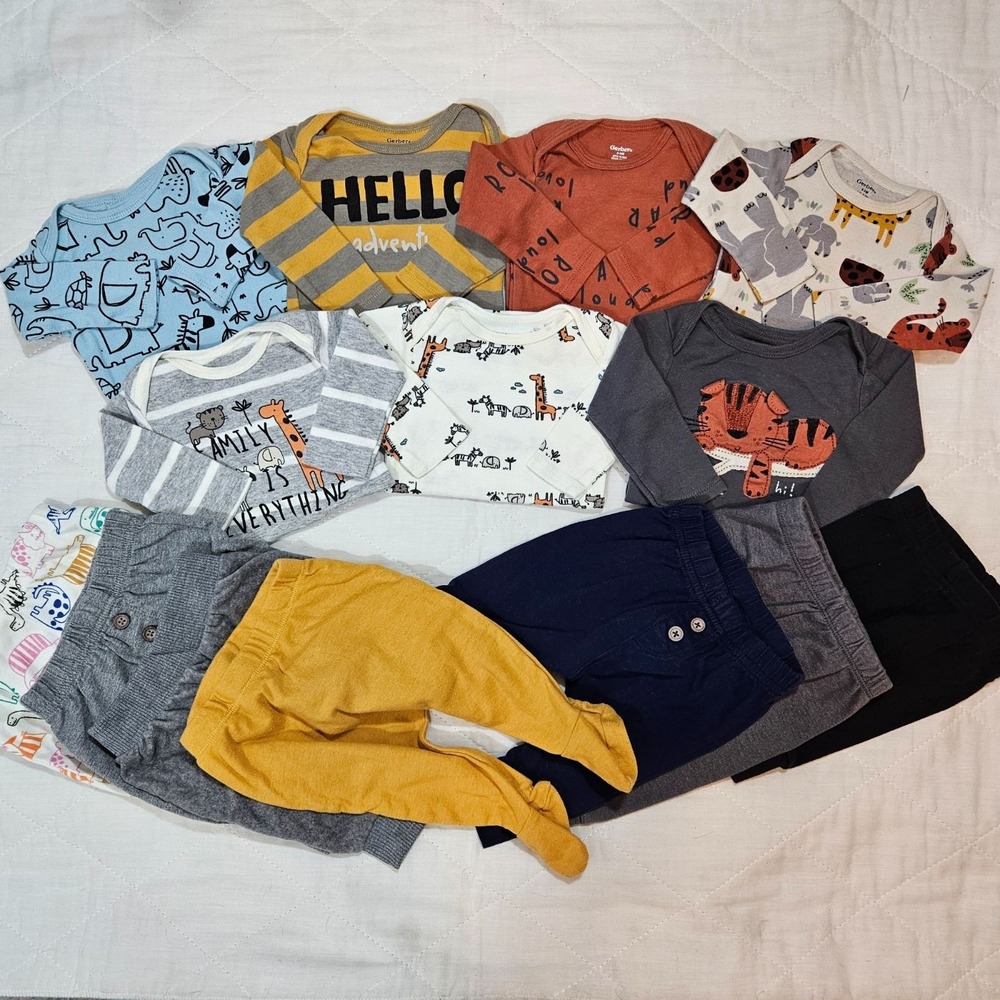 Baby Boys Size 0-3 M 14‎ Piece Lot Long Sleeve Gerber Onesies Bodysuits Pants
